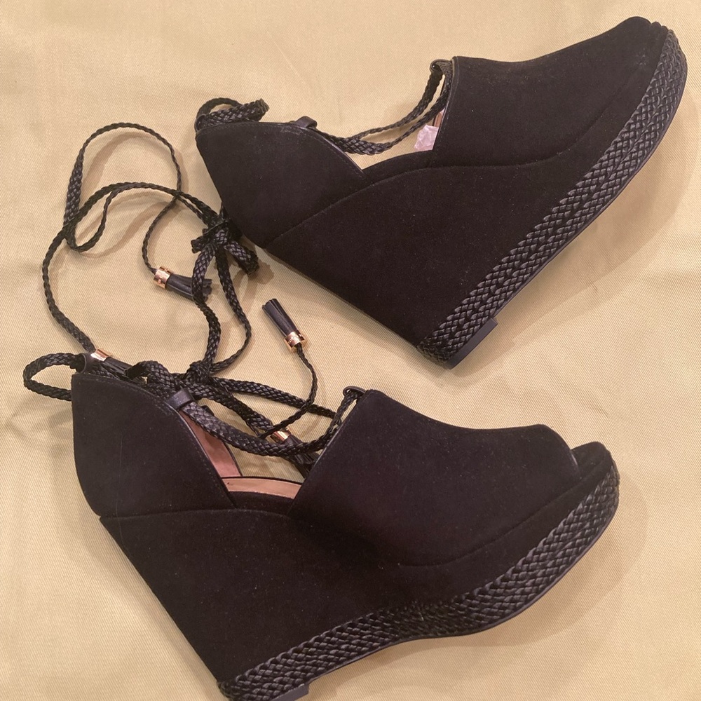 MICHAEL Michael Kors Black Suede Peep Toe Lace-Up Wedges